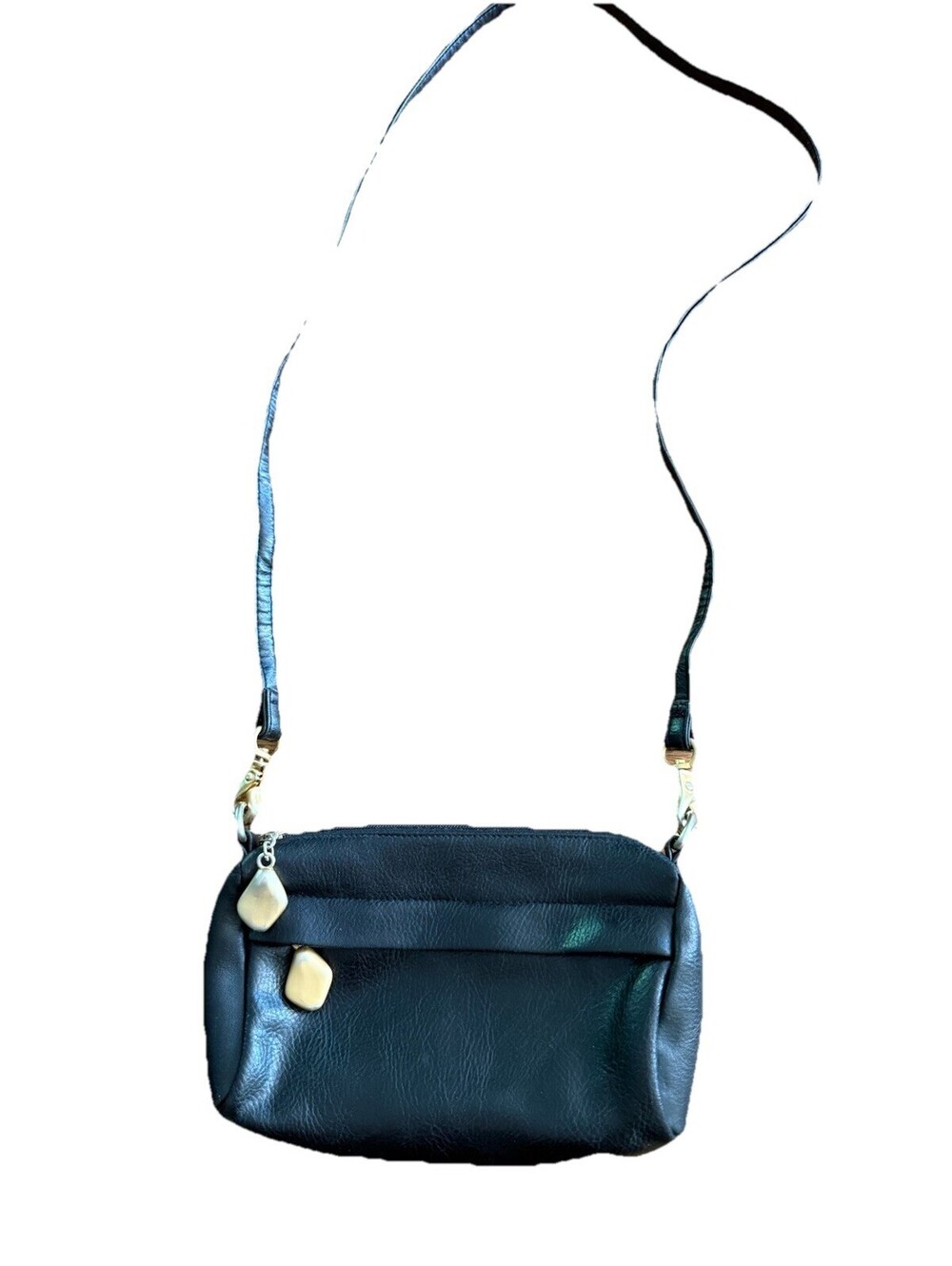 Vintage 80s/90s Camera Bag Cross Body Purse Faux Black Leather Gold